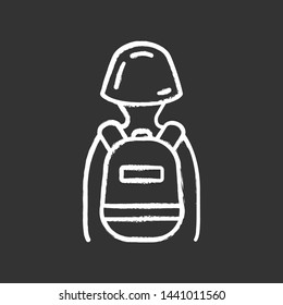 Game soldier with tactical backpack chalk icon. Virtual video game equipment. Player with game inventory. Warrior, soldier in helmet and rucksack. Cybersport. Isolated chalkboard illustration