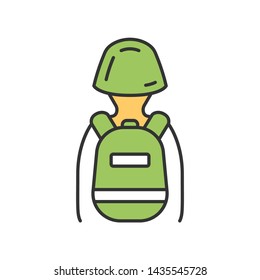 Game soldier with tactical backpack color icon. Virtual video game equipment. Player with game inventory back view. Warrior, soldier in helmet and rucksack. Cybersport. Isolated vector illustration