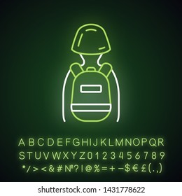 Game soldier with tactical backpack neon light icon. Player with game inventory. Warrior, soldier in helmet and rucksack. Glowing sign with alphabet, numbers and symbols. Vector isolated illustration