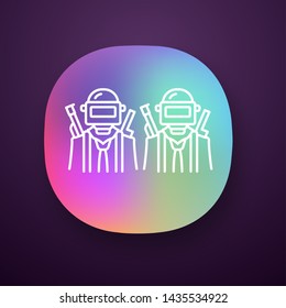 Game soldiers app icon. Virtual game team. Shooter from first person. Online multiplayer. Warriors, players with guns. UI/UX user interface. Web or mobile application. Vector isolated illustration