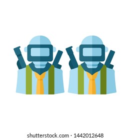 Game soldiers flat design long shadow color icon. Virtual video game, esports team. Shooter from first person. Online multiplayer. Warriors, players with guns in helmet. Vector silhouette illustration