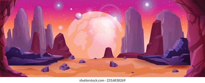 Fondo del espacio de juego, paisaje vectorial del planeta alienígena, fantasía de dibujos animados vista del desierto de Marte rojo, rocas. UI galaxia paralela concepto futurista, cielo cósmico, arena de superficie seca. Fondo de estrella espacial 