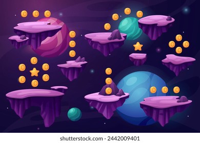 Game space location. Videogame location design with floating islands and golden coins in universe. Fantasy world, jumping level nowaday vector scene