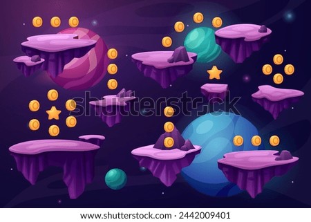Game space location. Videogame location design with floating islands and golden coins in universe. Fantasy world, jumping level nowaday vector scene