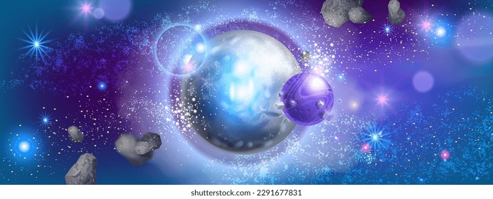 Game space planet background, cartoon purple vector neon alien galaxy banner, cosmic star sky. Universe planetary nebula illustration, moonstone rock, sci-fi atmosphere clipart. Space planet banner