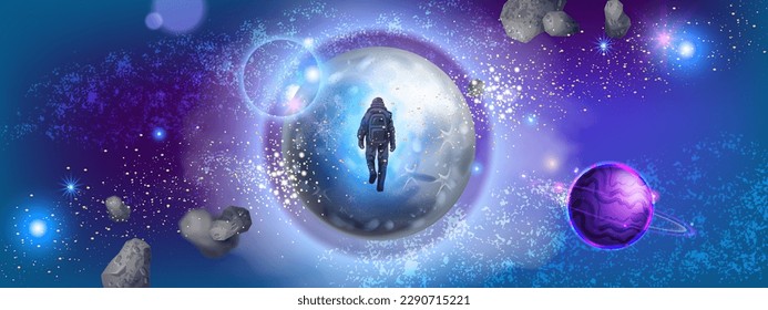 Fondo del planeta del espacio del juego, caricatura del vector púrpura neón alienígena de galaxia, cielo estrella cósmico. Ilustración de nebulosa planetaria universal, astronauta en la figura del traje, clipart de la atmósfera de ciencia ficción. Planeta espacial