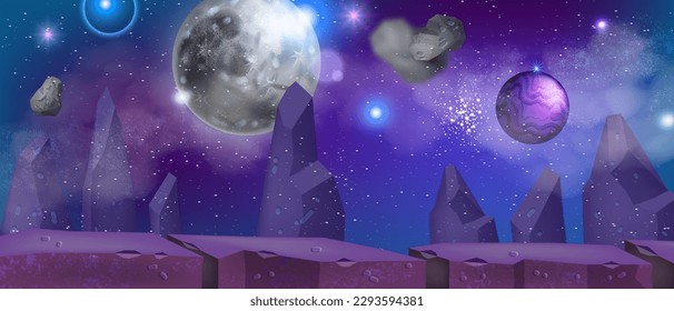 Game space planet surface background, cartoon purple vector neon alien galaxy banner, cosmic sky. Universe planetary nebula illustration, moonstone rock, sci-fi atmosphere clipart. Space planet banner