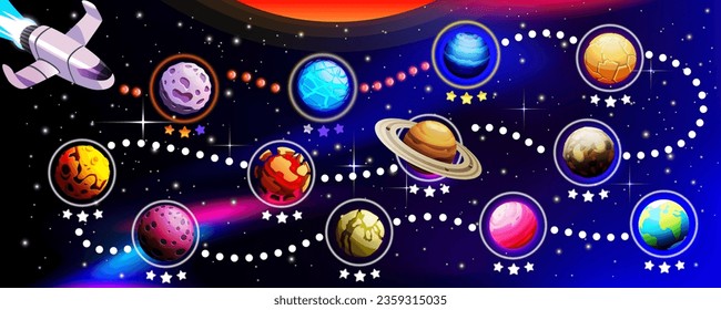 Game space. UI planet map. Sky level route. Computer playing. Astronaut travel. Cosmic landscape. Stars in mobile galaxy. Interstellar path. Universe exploration. Vector design background