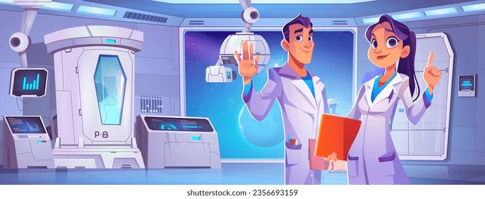 Game spaceship lab room interior with door inside background. Futuristic space station on rocket or shuttle with man and woman scientist character near cryonics capsule for hibernation technology.