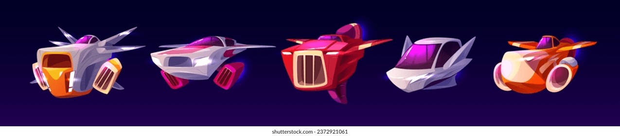 Game spaceships set isolated on black background. Vector cartoon illustration of futuristic spacecraft flying in sky, shuttles for space exploration mission, cosmic adventure gui design elements