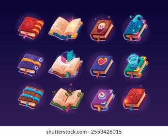 Game spell book. Cartoon magic books fantasy ui glowing icons, wizard study old alchemy handbook medieval library gaming quest witchcraft spelling recipe swanky vector illustration original artwork