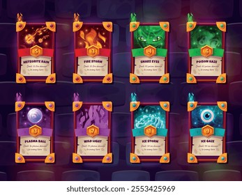 Game spell cards. Magic spells card fantasy rpg gaming design, wizard magical skills gui deck fire lights supernatural sorcery power alchemy spelling set swanky vector illustration original artwork