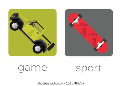 Game and sport app design skateboard and car