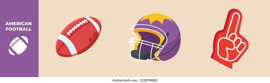 Game sports equipment set. Ball, Helmet and gloves. American football concept. Colored flat graphic vector illustration isolated.
