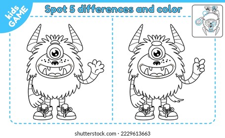 Game spot 5 differences and coloring page. Educational activity and puzzle for kids. Development of attention. Vector illustration of cartoon monster.