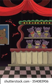 Game Stand at Horror Amusement Park  With Teddy and Checkered Floor Halloween Cartoon Vector