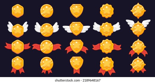 Game star level. Cartoon 2D game asset of victory award and win medals with colorful shiny stars, rank rating and level up interface. Vector isolated set of level star bonus casino illustration