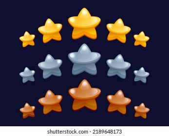 Game star rating. Cartoon level bonus and win award with row of stars graphic template for mobile 2D game interface element. Vector set of award win stars illustration