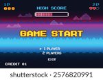 GAME START. pixel art .8 bit game. retro game. for game assets in vector illustrations. arcade gaming.