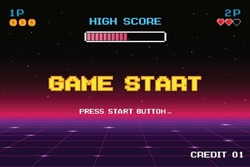 GAME START. pixel art. 8 bit game. retro game. for game assets in vector illustrations. arcade gaming.