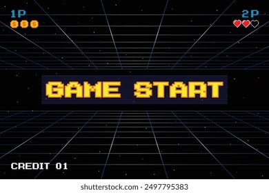 GAME START. pixel art .8 bit game. retro game. for game assets in vector illustrations. arcade gaming. 