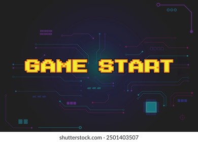 GAME START. pixel art .8 bit game. retro game. for game assets .Retro Futurism Sci-Fi Background. glowing neon grid. and stars from vintage arcade computer games