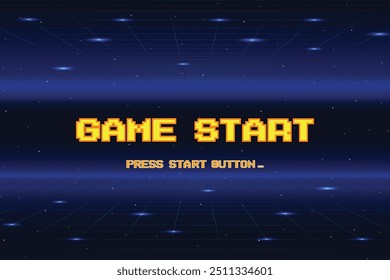 GAME START. pixel art .8 bit game. retro game. for game assets .Retro Futurism Sci-Fi Background. glowing neon grid. and stars from vintage arcade computer games