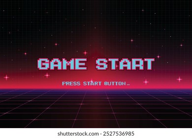 INICIO DEL JUEGO. pixel art. juego de 8 bits. juego retro. para activos de juego. fondo de ciencia ficción de futurismo retro. rejilla de neón brillante. y estrellas de juegos de computadora arcade vintage