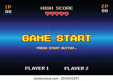 GAME START. pixel art. 8 bit game. retro game. for game assets in vector illustrations. arcade gaming.