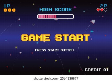 GAME START. pixel art .8 bit game. retro game. for game assets in vector illustrations. arcade gaming.