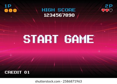 GAME START. pixel art .8 bit game. retro game. for game assets in vector illustrations. arcade gaming.