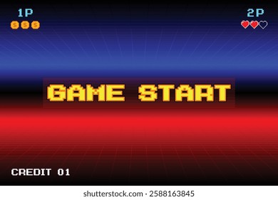 GAME START. pixel art .8 bit game. retro game. for game assets in vector illustrations. arcade gaming.