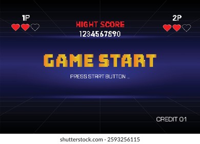 GAME START. pixel art .8 bit game. retro video game. for game assets. Retro Futurism Sci-Fi Background.  vintage arcade computer games