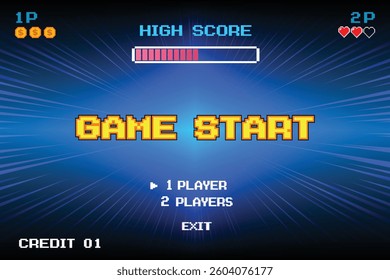 GAME START. pixel art. 8 bit game. retro game. for game assets in vector illustrations. arcade gaming.