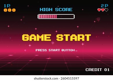 GAME START. pixel art. 8 bit game. retro game. for game assets in vector illustrations. arcade gaming.