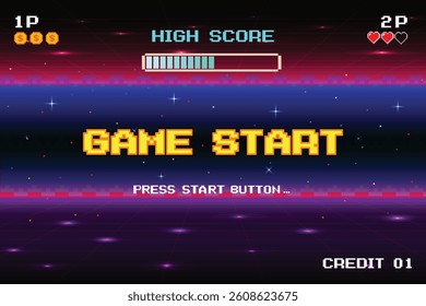GAME START. pixel art .8 bit game. retro video game. for game assets. Retro Futurism Sci-Fi Background. vintage arcade computer games
