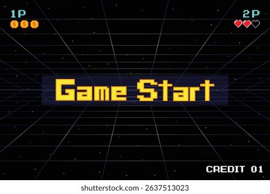 GAME START. pixel art .8 bit game. retro game. for game assets in vector illustrations. arcade gaming.