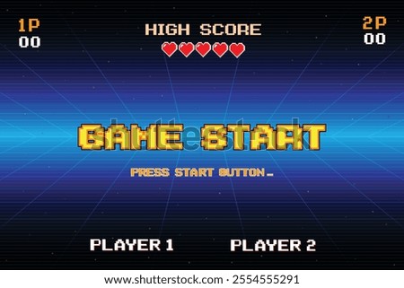 GAME START. pixel art. 8 bit game. retro game. for game assets in vector illustrations. arcade gaming.