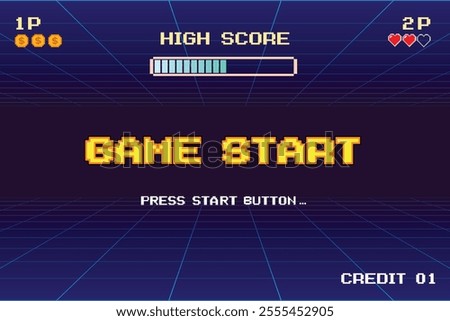 GAME START. pixel art. 8 bit game. retro game. for game assets in vector illustrations. arcade gaming.	