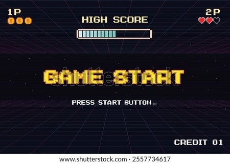 GAME START. pixel art .8 bit game. retro game. for game assets in vector illustrations. arcade gaming.
