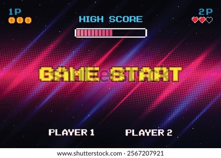 GAME START. pixel art .8 bit game. retro game. for game assets in vector illustrations. arcade gaming.