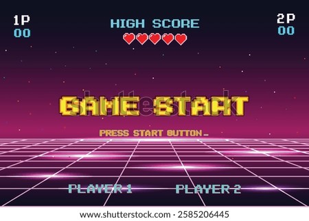 GAME START. pixel art. 8 bit game. retro game. for game assets in vector illustrations. arcade gaming.
