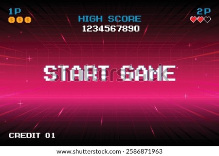 GAME START. pixel art .8 bit game. retro game. for game assets in vector illustrations. arcade gaming.
