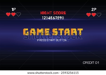 GAME START. pixel art .8 bit game. retro video game. for game assets. Retro Futurism Sci-Fi Background.  vintage arcade computer games