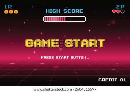 GAME START. pixel art. 8 bit game. retro game. for game assets in vector illustrations. arcade gaming.