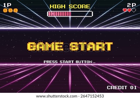 GAME START. pixel art. 8 bit game. retro game. for game assets in vector illustrations. arcade gaming.	
