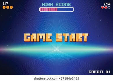 INICIO DEL JUEGO. pixel art. Fondo de ciencia ficción de futurismo retro. rejilla de neón brillante y estrella de juegos de computadora arcade vintage