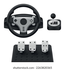 Game steering wheel with pedal and gearbox transmission virtual reality playing set 3d icon realistic vector illustration. VR car drive simulator gaming entertainment equipment wireless controller