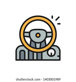 Game steering wheel with pedals and gearbox flat color line icon.