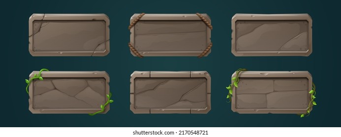 Game stone buttons, rectangular frames or ui level icons. cartoon design. Empty badges or banners with green vines, cracks and ropes, Isolated award, reward or bonus graphic elements, vector rpg set